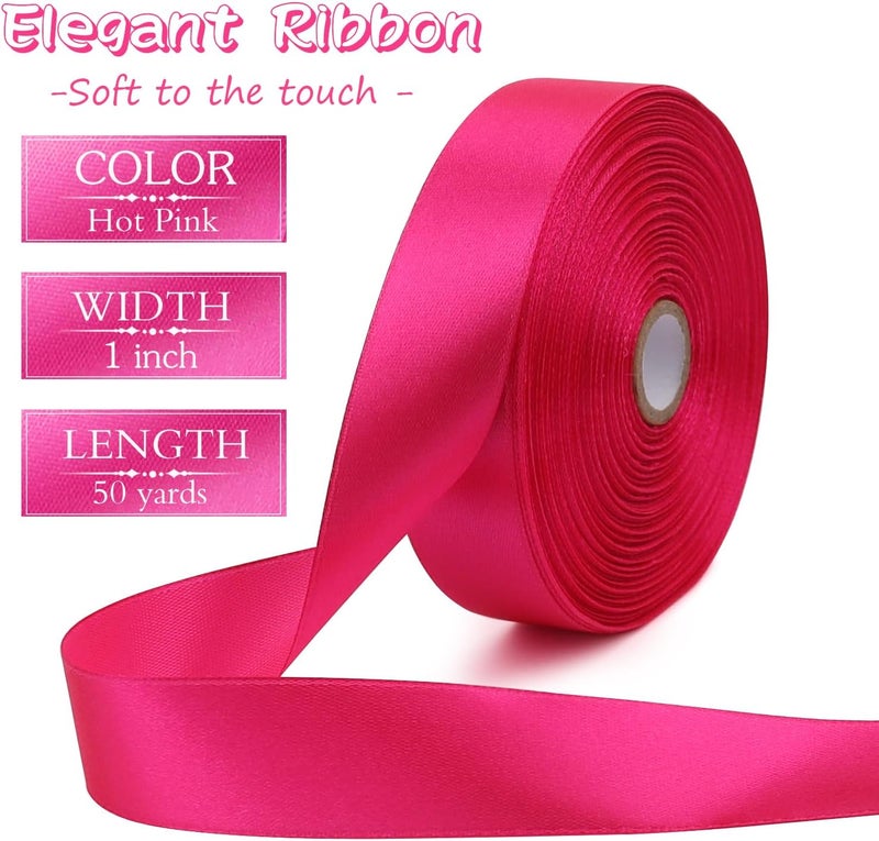 Riunbb Hot Pink Solid Satin Ribbon 1 Inch 50 Yards Solid Polyester Fabric Ribbon for Gift Wrapping Wedding Christmas Baby Shower Birthday Party Decoration Handmade Immortal Flower Craft - Image 2